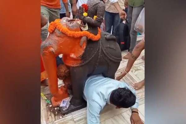 Viral Video: ಆನೆಯ ಪ್ರತಿಮೆಯಡಿ ಸಿಲುಕಿ ಹೊರಬರಲು ಒದ್ದಾಡಿದ ವ್ಯಕ್ತಿ!
