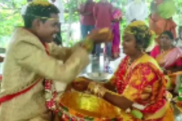 Bride And Groom Are Performing Wedding Ritual Monkey Spoils Their Party