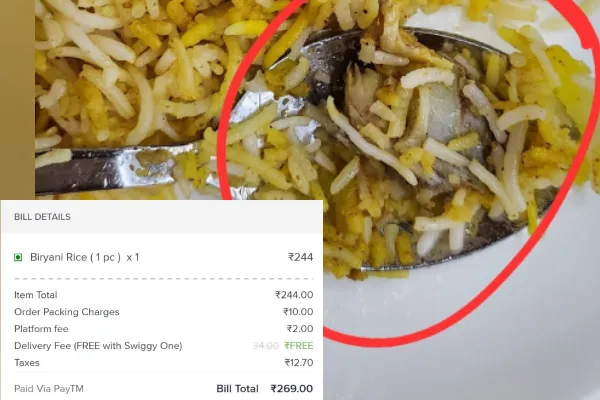 ಆನ್​ಲೈನ್​ನಲ್ಲಿ ಆರ್ಡರ್​ ಮಾಡಿದ ಮಹಿಳೆಗೆ ವೆಜ್​ ಬಿರಿಯಾನಿಯಲ್ಲಿ ಸಿಕ್ತು ಮಾಂಸದ ತುಂಡು!