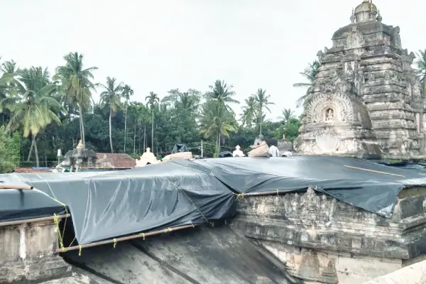 Banavasi madhukeshwara Temple Wraped by Plastic Cover.