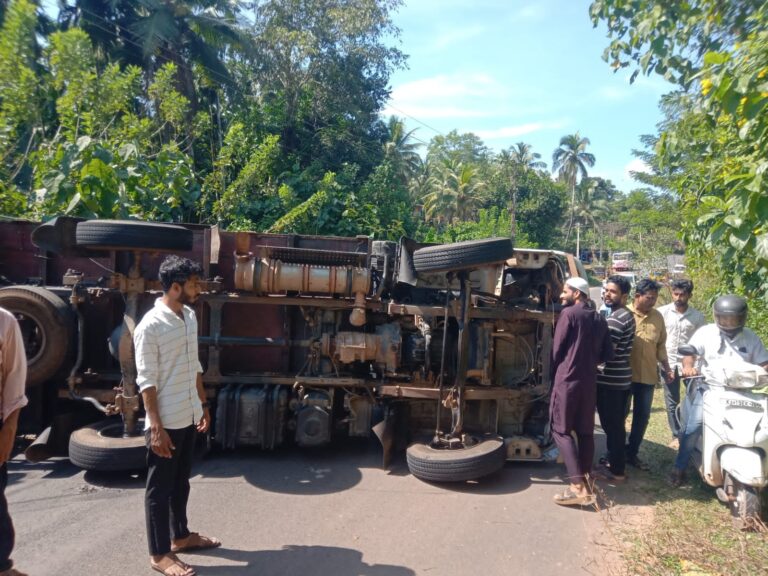 ರಸ್ತೆಗೆ ಉರುಳಿದ ಕೋಳಿ ಸಾಗಾಟ ಲಾರಿ
